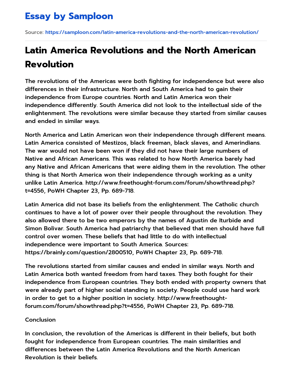 Latin America Revolutions and the North American Revolution essay