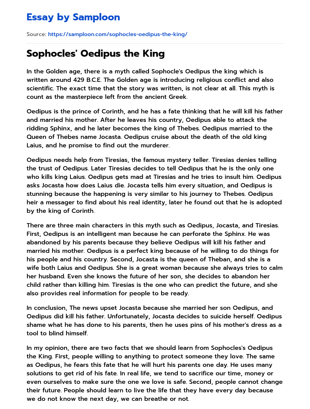 Sophocles’ Oedipus the King essay