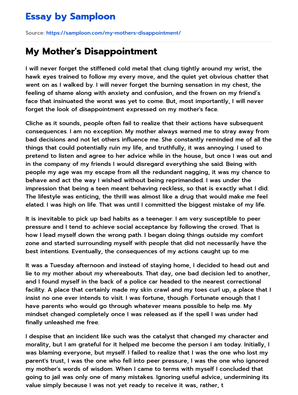 My Mother’s Disappointment essay