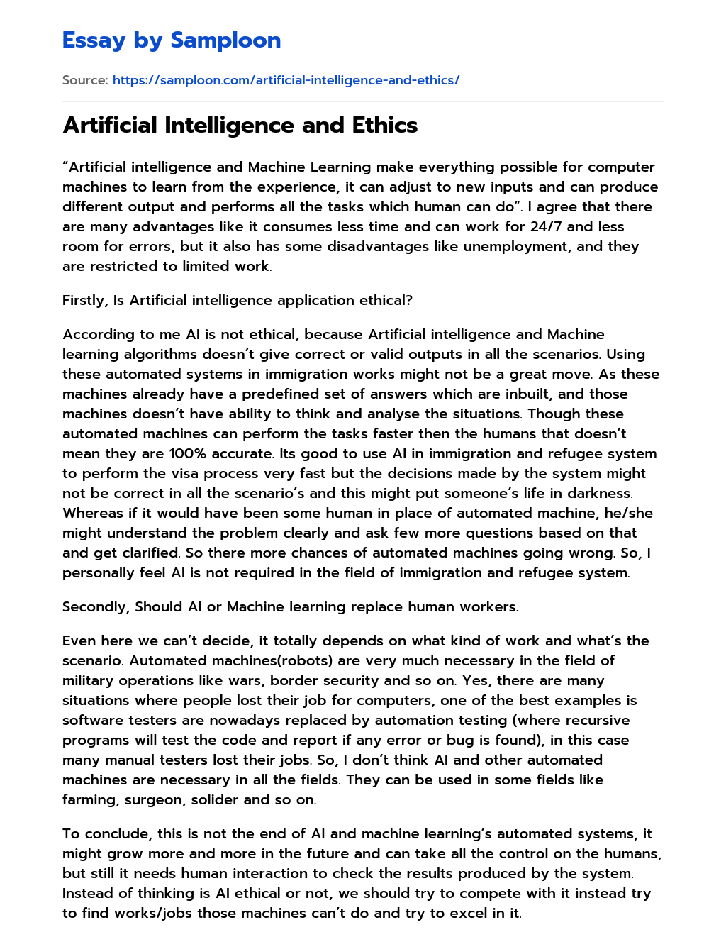 Artificial Intelligence and Ethics essay
