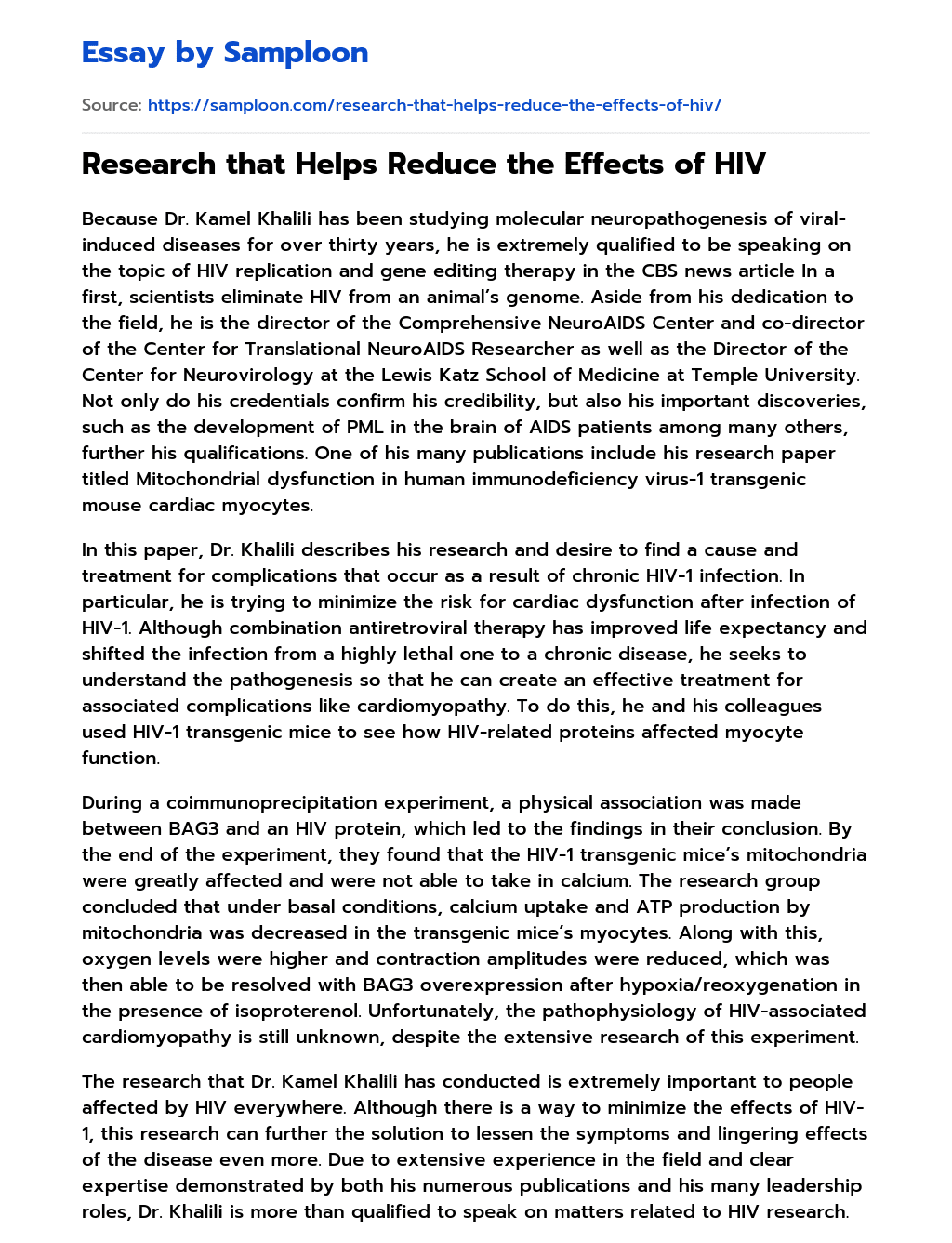 Research that Helps Reduce the Effects of HIV essay