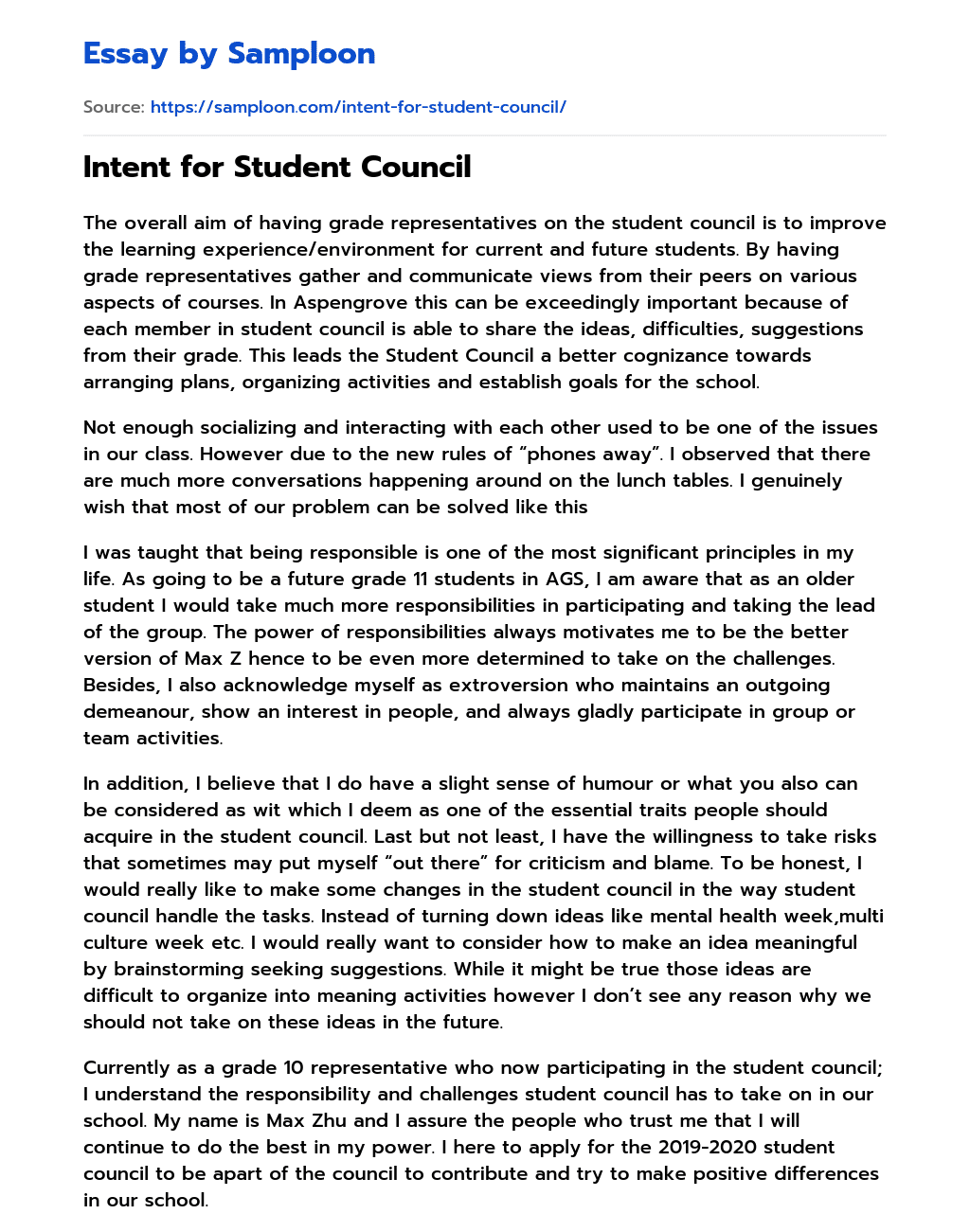 Intent for Student Council essay