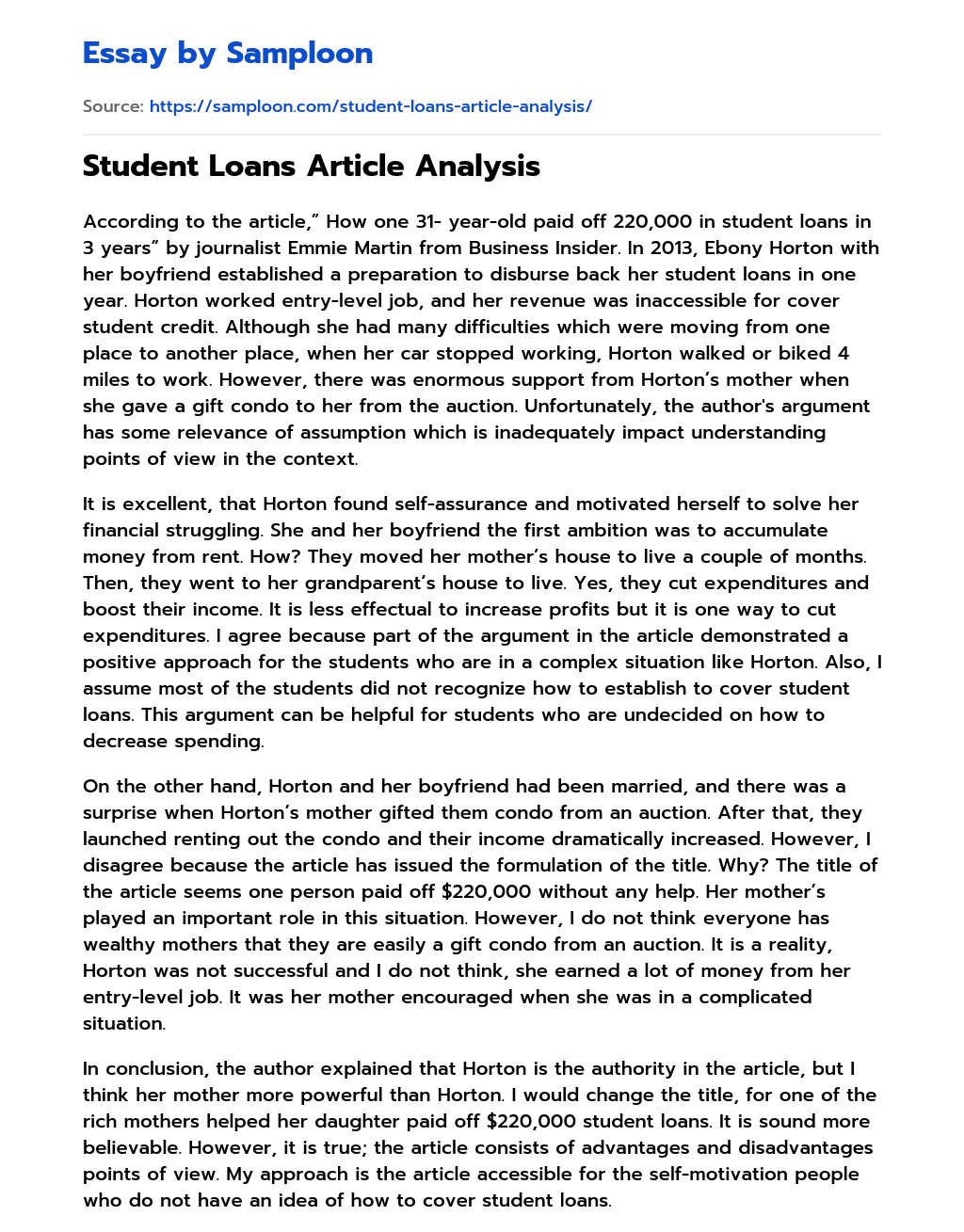 Student Loans Article Analysis essay