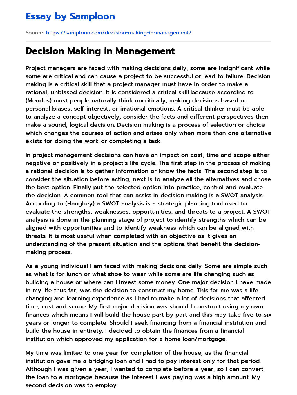 Decision Making in Management essay