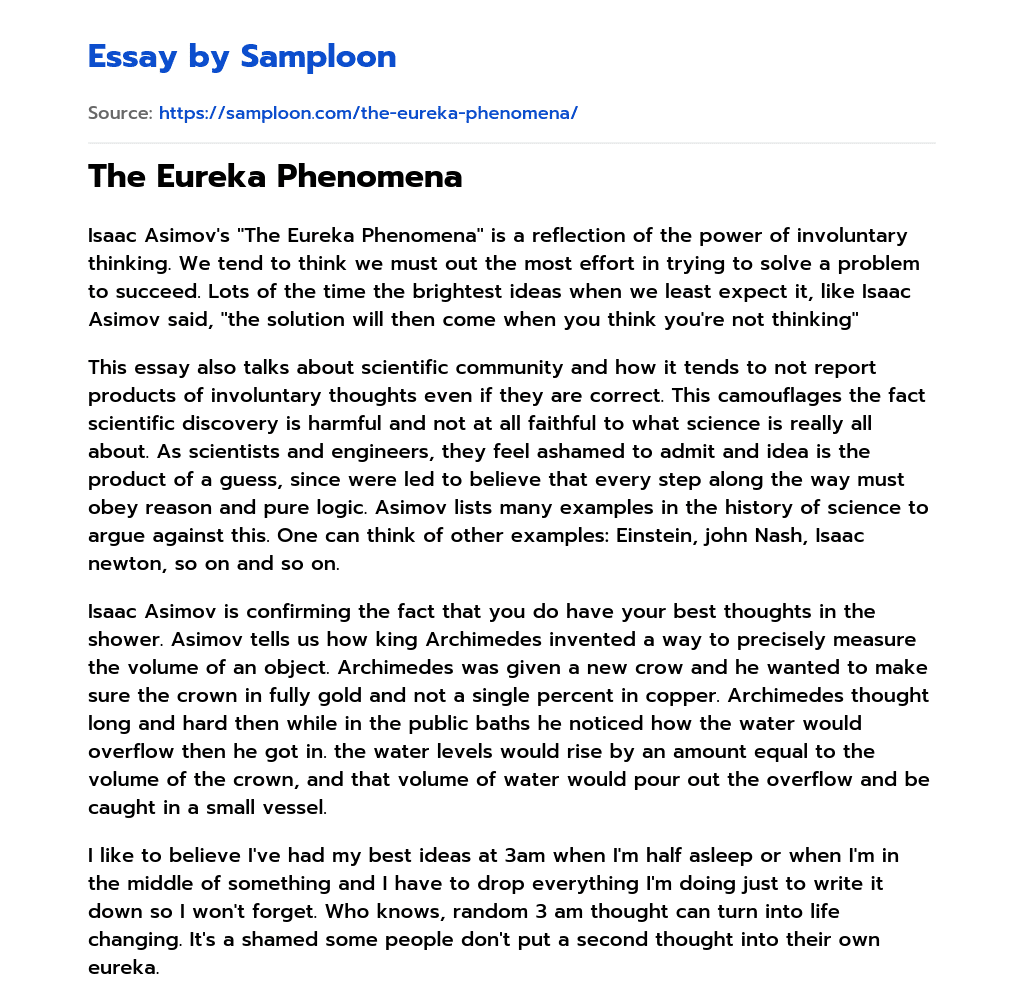 The Eureka Phenomena Summary essay