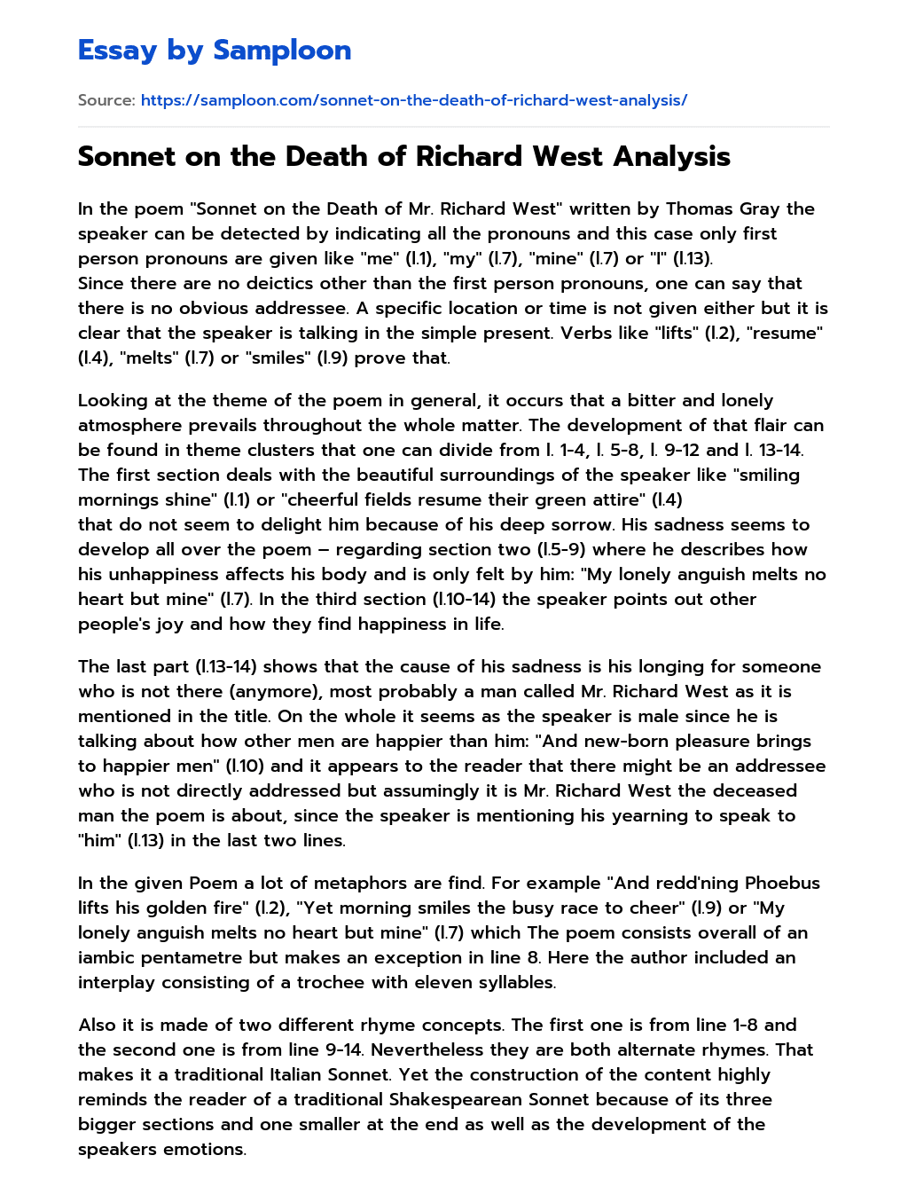 Sonnet on the Death of Richard West Analysis essay