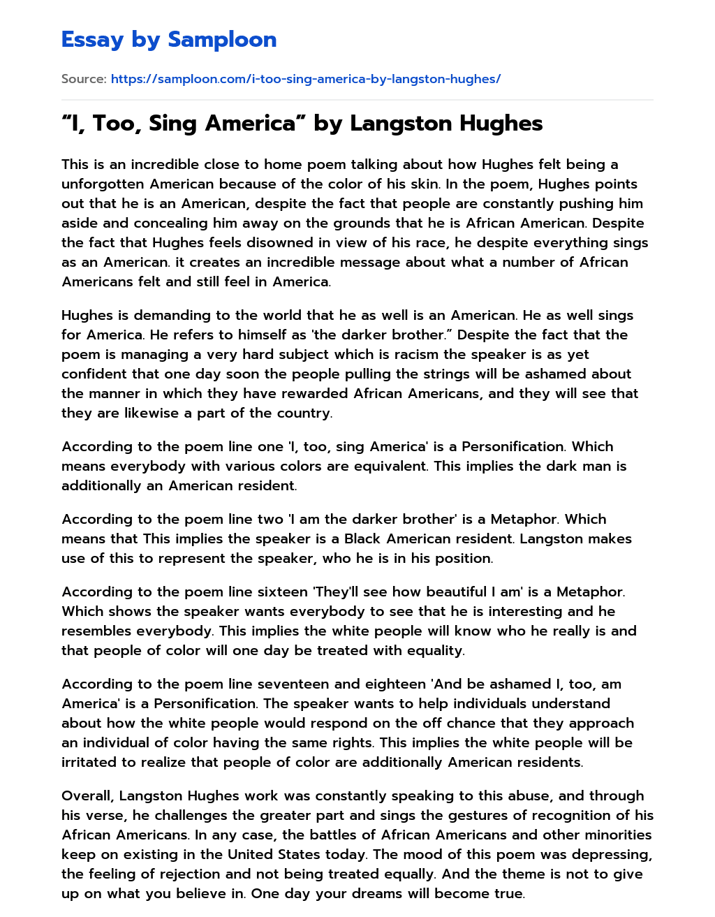 “I, Too, Sing America” by Langston Hughes Analytical Essay essay
