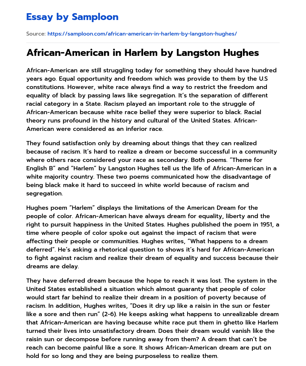 African-American in Harlem by Langston Hughes essay