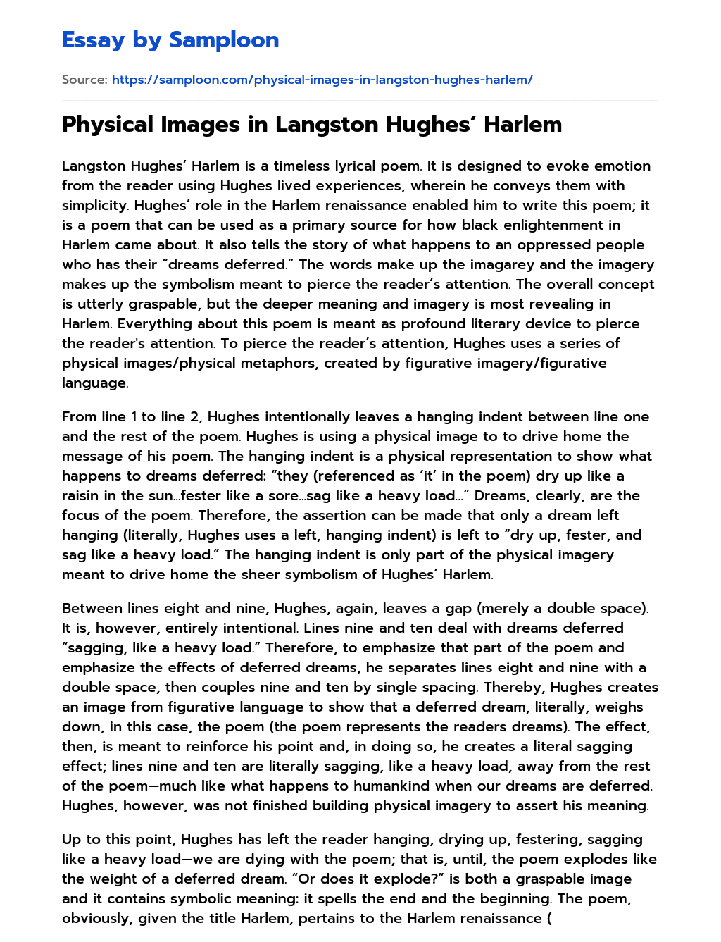 Physical Images in Langston Hughes’ Harlem Summary essay