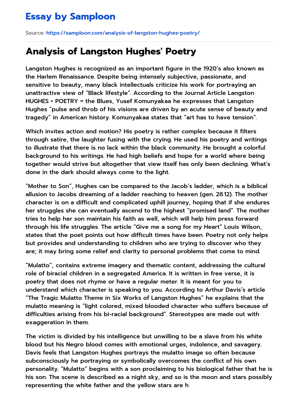Analysis of Langston Hughes’ Poetry essay