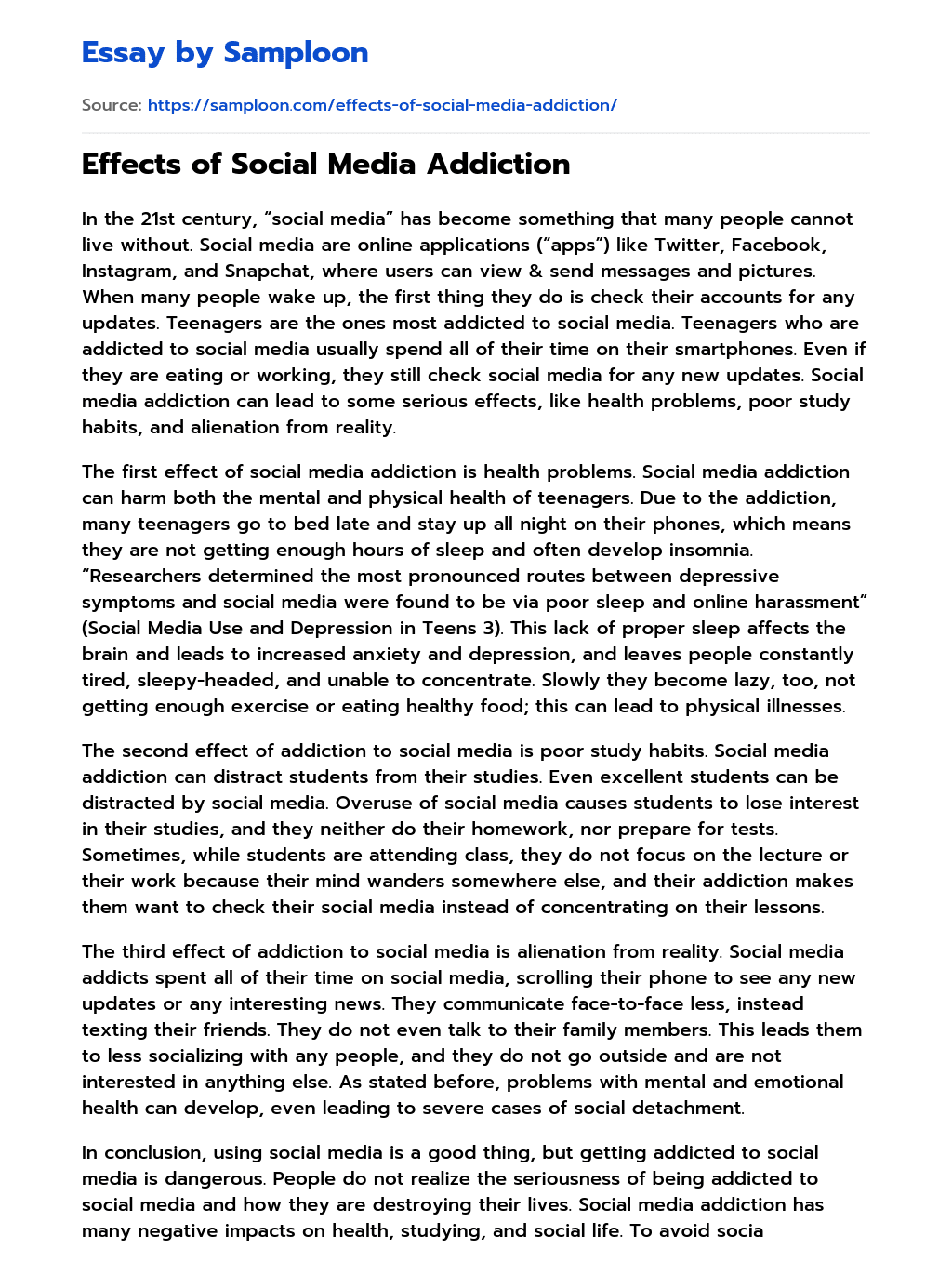  Effects Of Social Media Addiction Free Essay Sample On Samploon