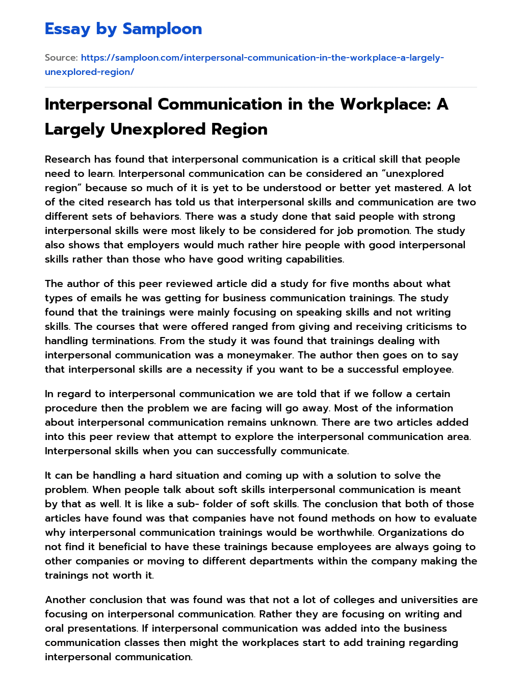 Interpersonal Communication in the Workplace: A Largely Unexplored Region Personal Essay essay