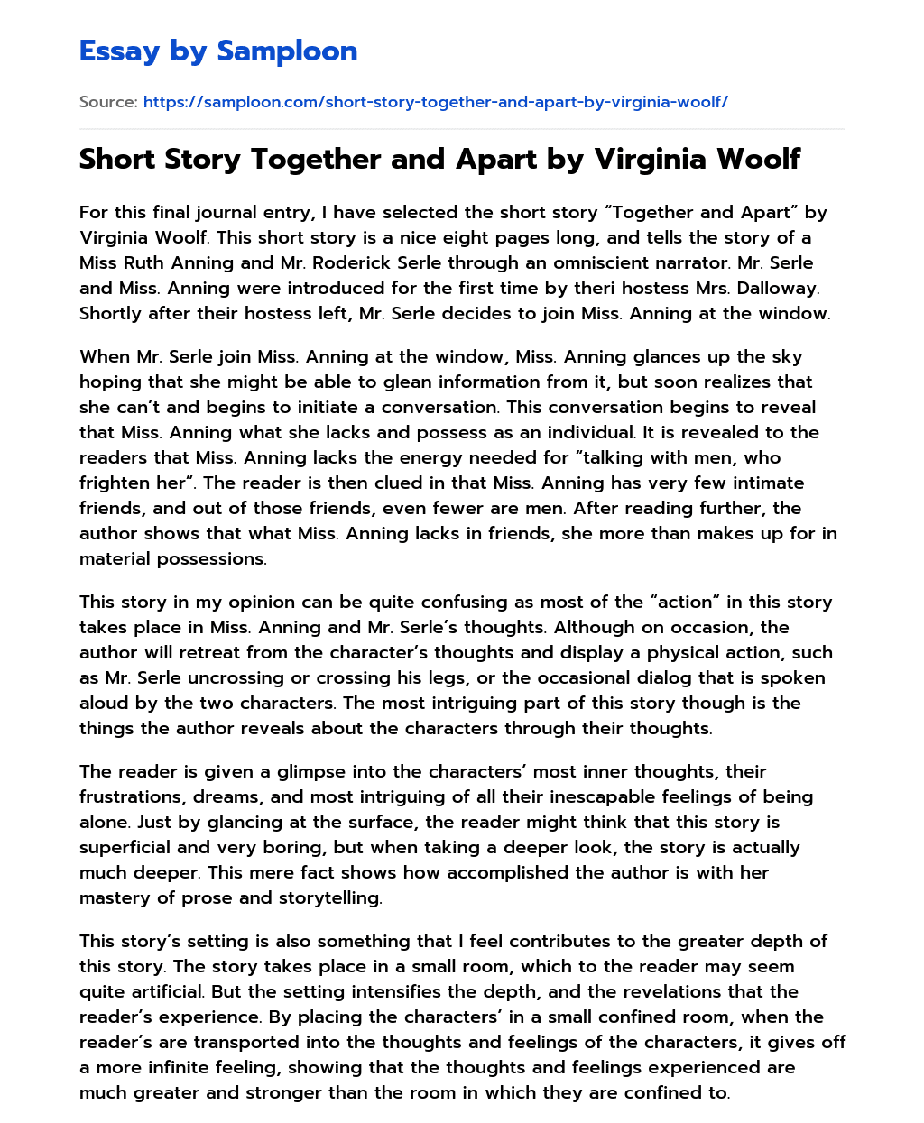 Short Story Together and Apart by Virginia Woolf essay