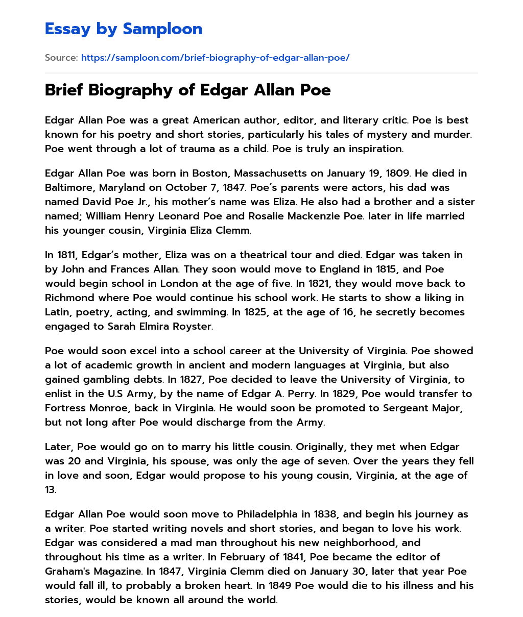 Brief Biography of Edgar Allan Poe essay