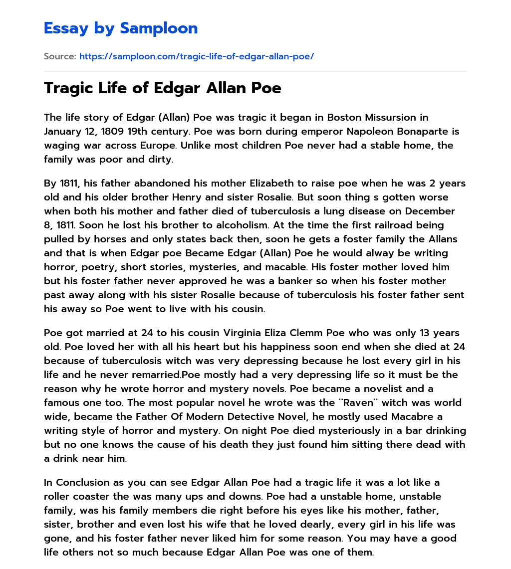  Tragic Life Of Edgar Allan Poe Free Essay Sample On Samploon