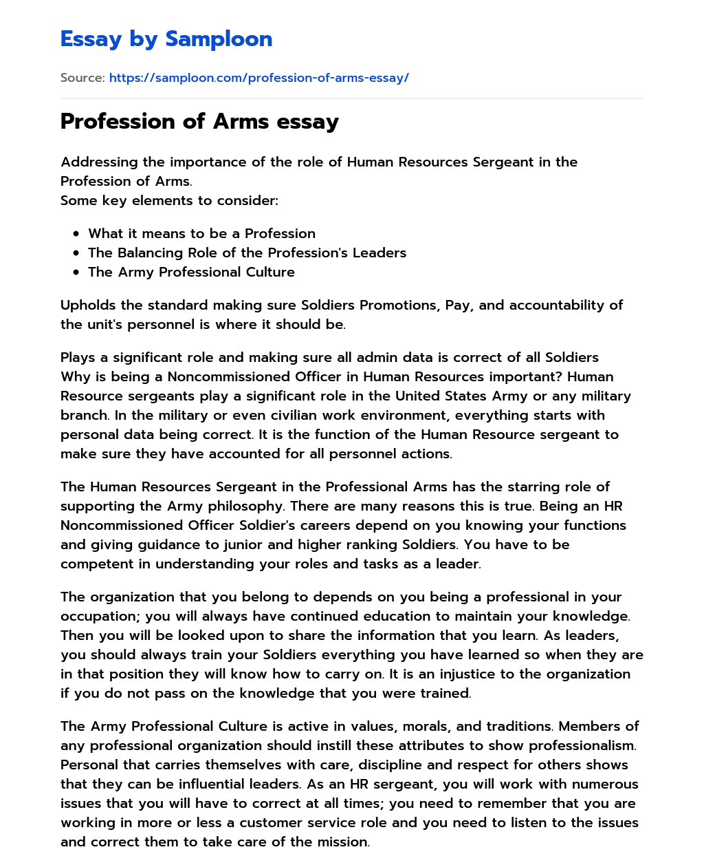 Profession of Arms essay Argumentative Essay essay