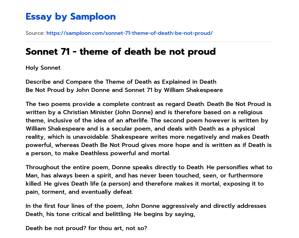 Sonnet 71 – theme of death be not proud Analytical Essay essay