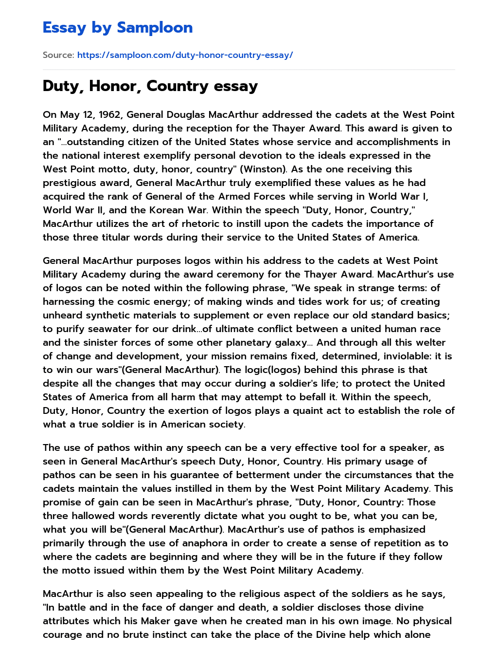 Duty, Honor, Country essay Summary essay