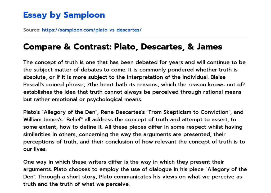 Compare & Contrast: Plato, Descartes, & James essay
