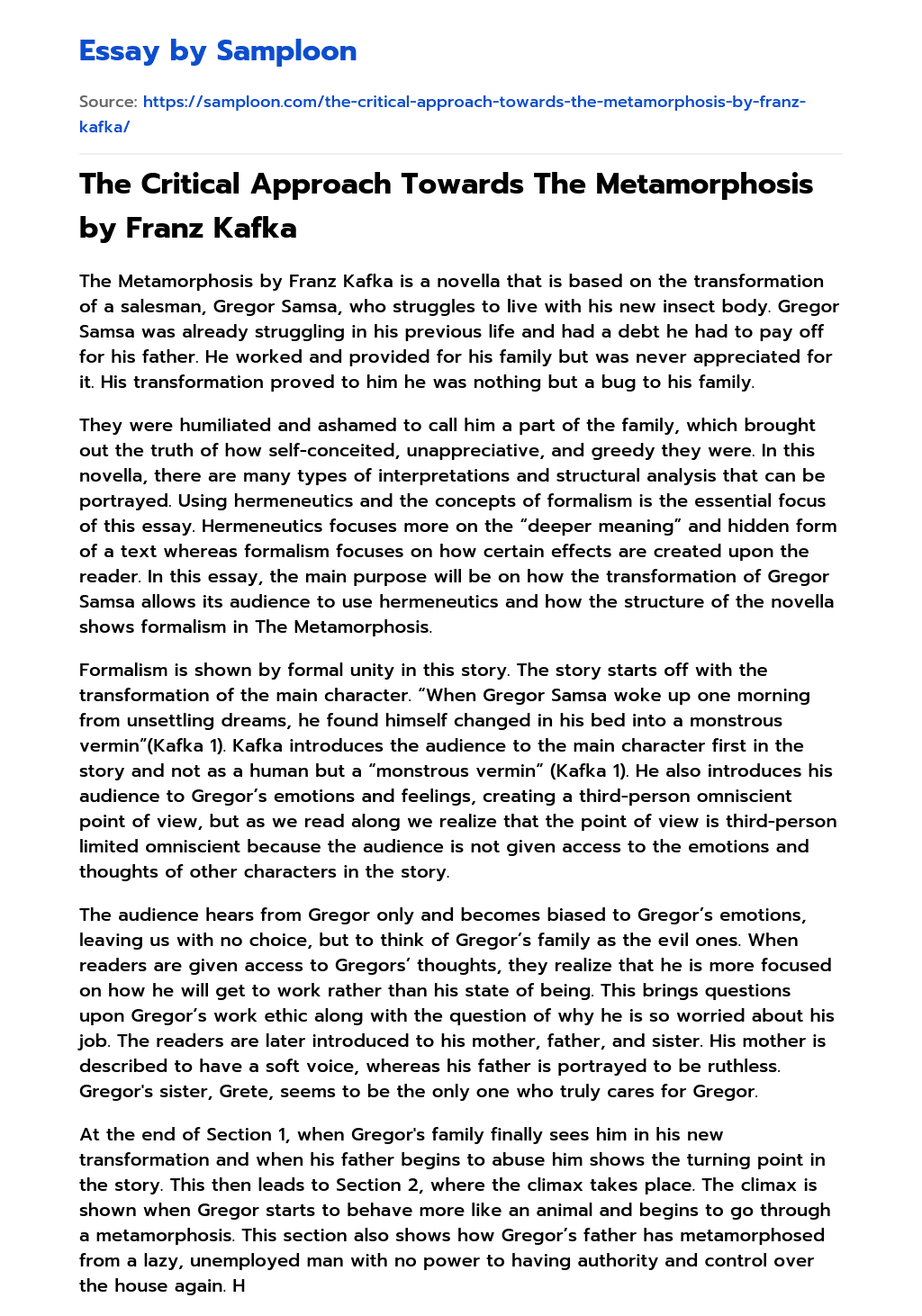 The Critical Approach Towards The Metamorphosis by Franz Kafka Literary Analysis essay