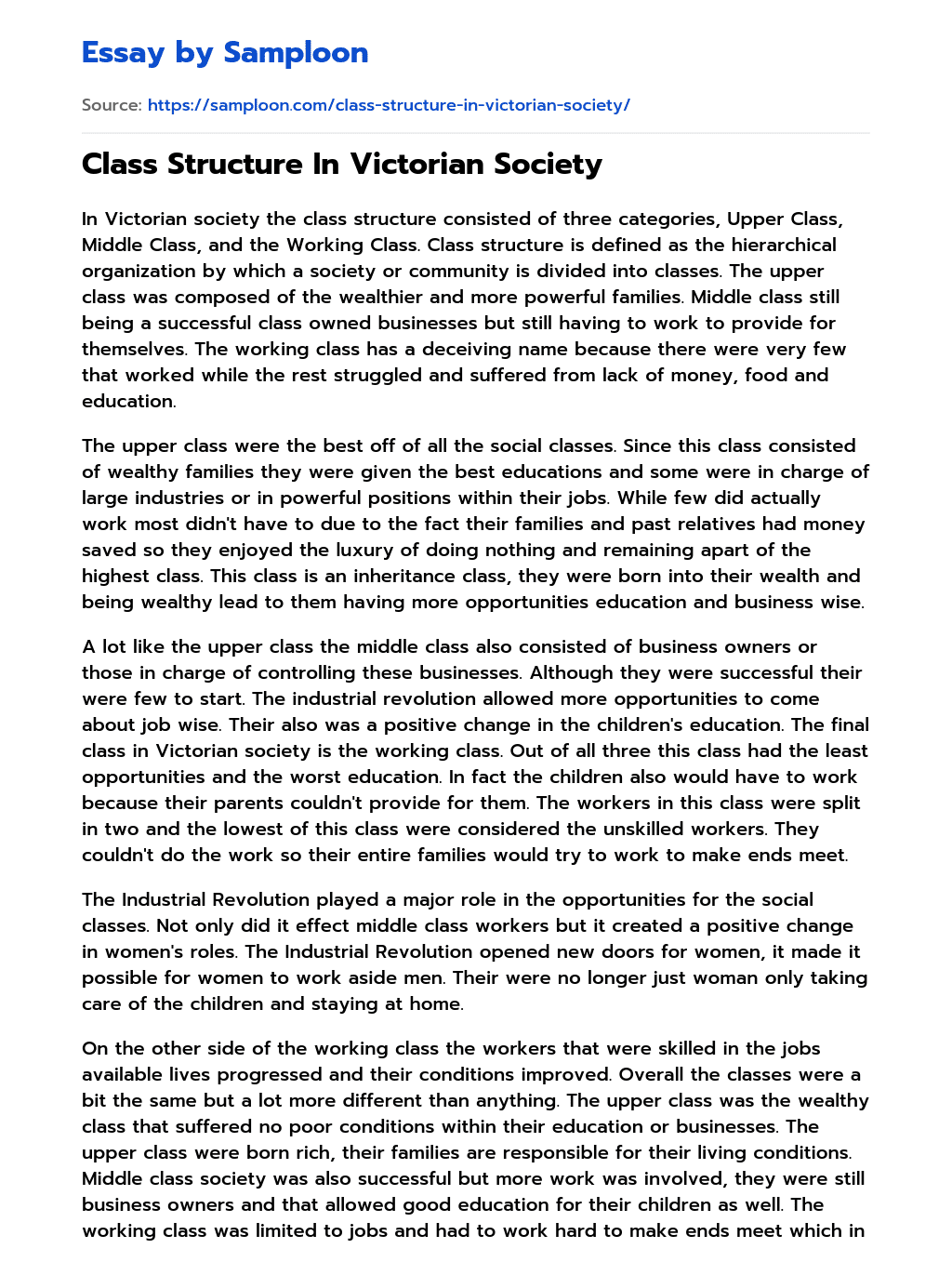 Class Structure In Victorian Society essay