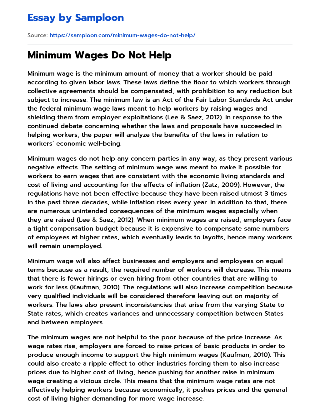 Minimum Wages Do Not Help essay