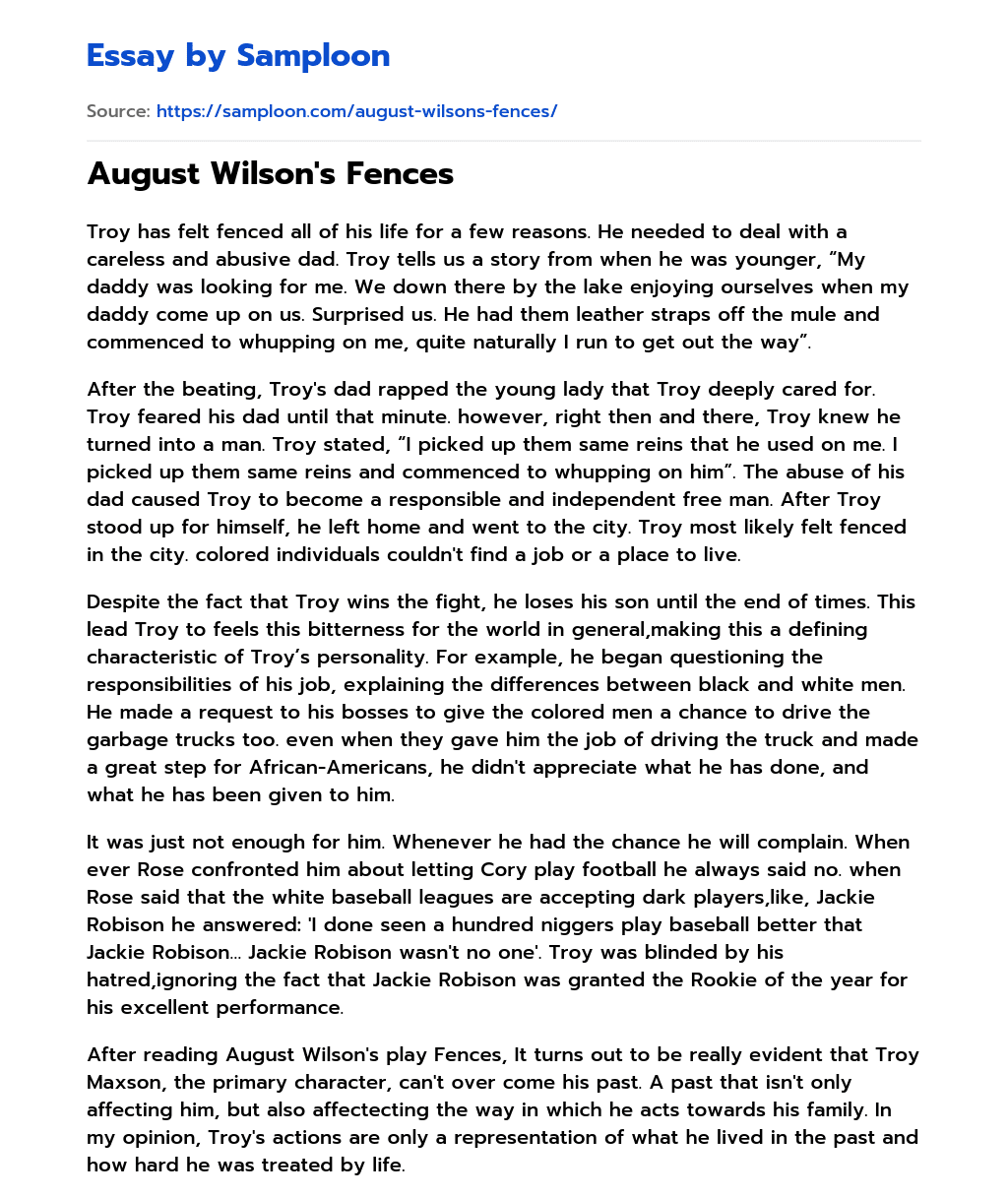 August Wilson’s Fences essay