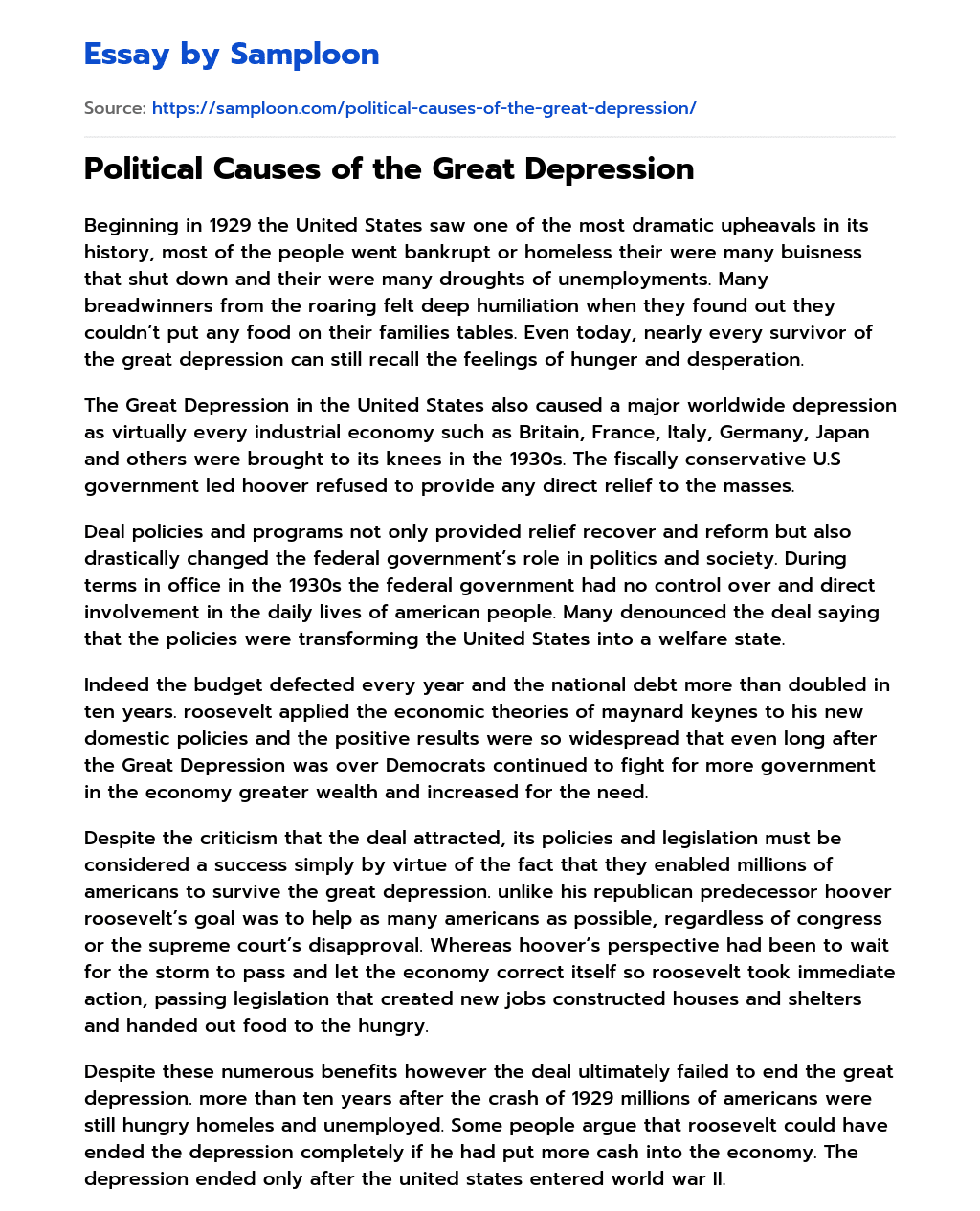 Political Causes of the Great Depression essay