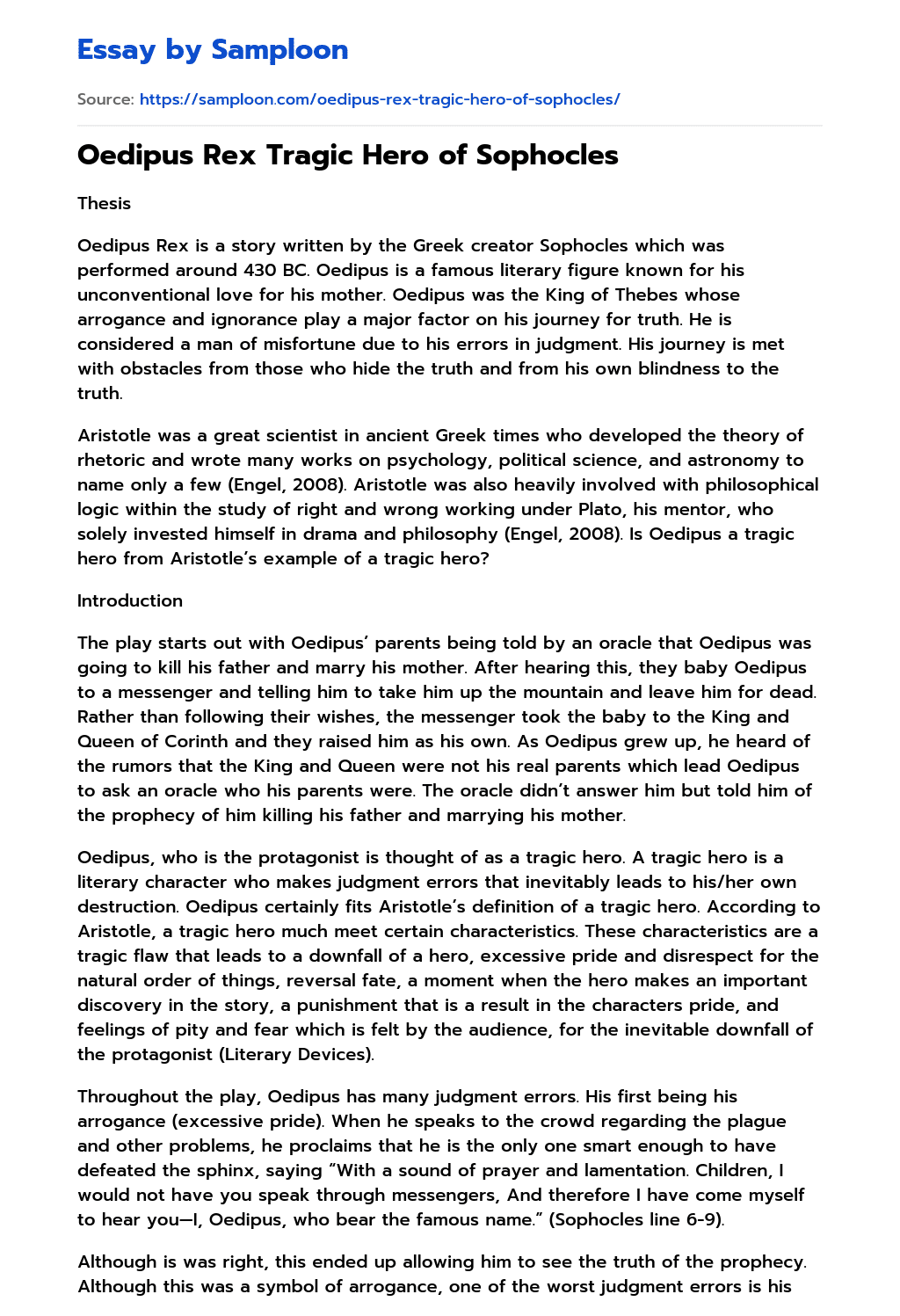 Oedipus Rex Tragic Hero of Sophocles Free Essay Sample on Samploon.com