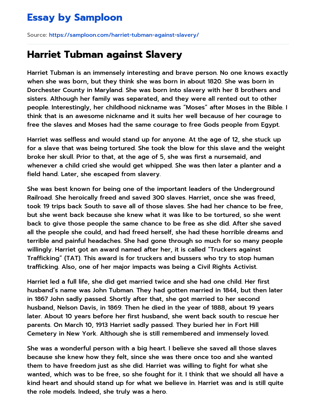 Harriet Tubman against Slavery essay