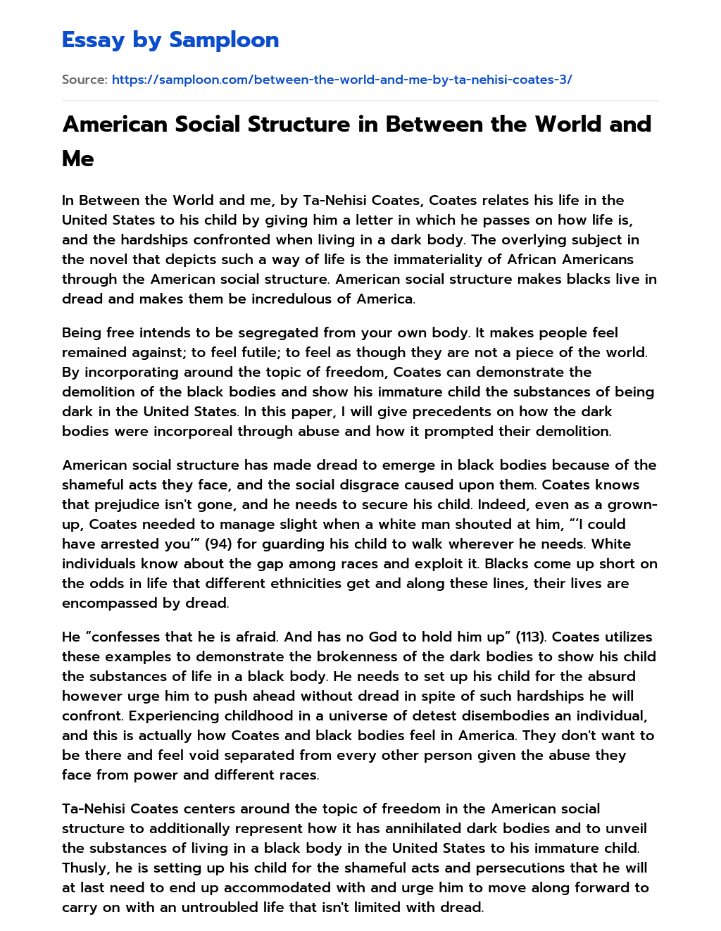 American Social Structure in Between the World and Me essay