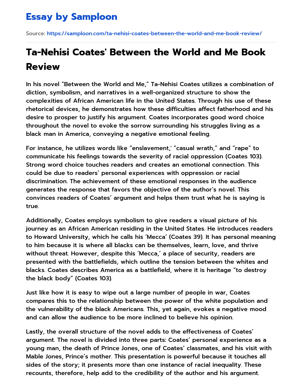 Ta-Nehisi Coates’ Between the World and Me Book Review essay