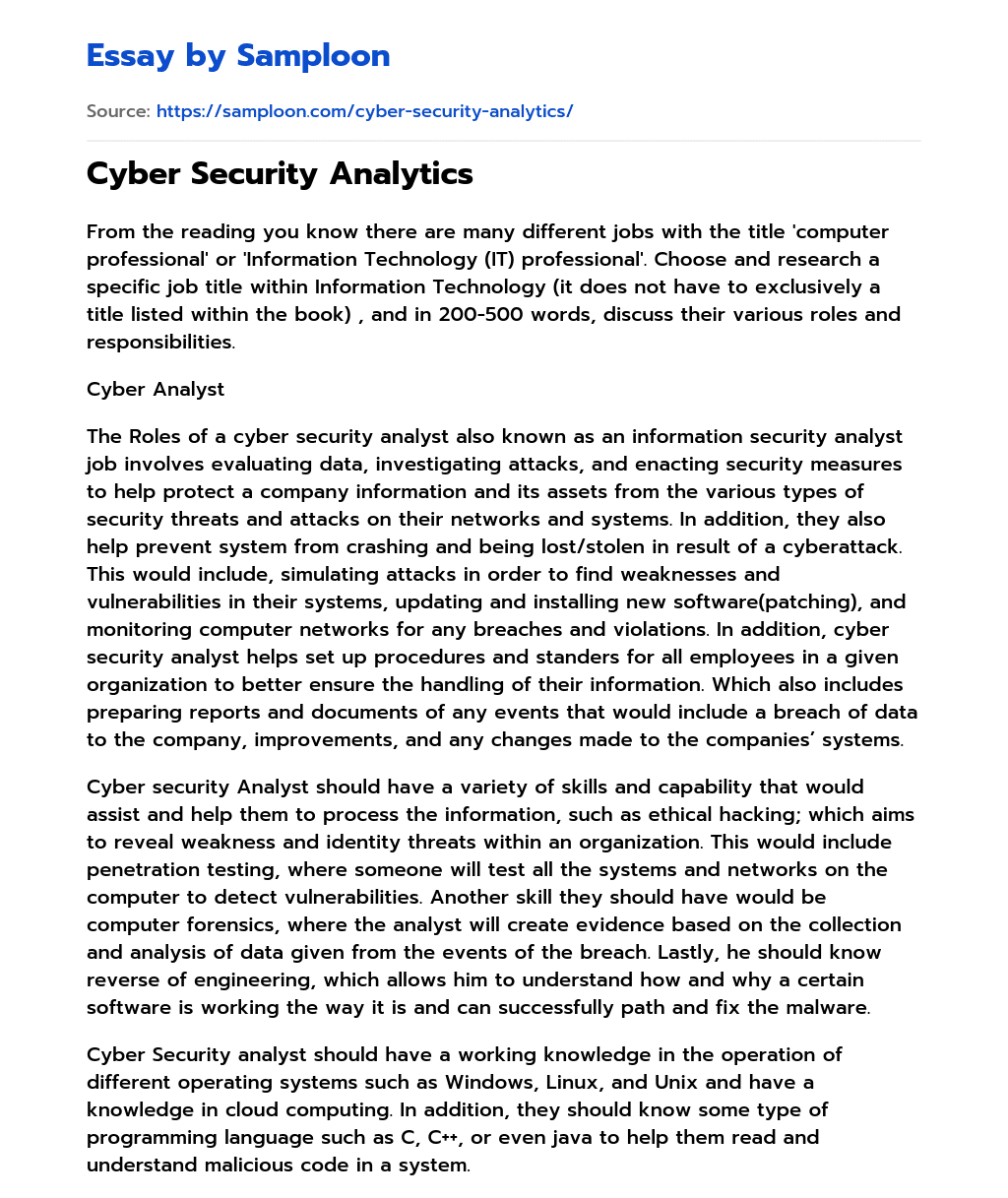 Cyber Security Analytics essay