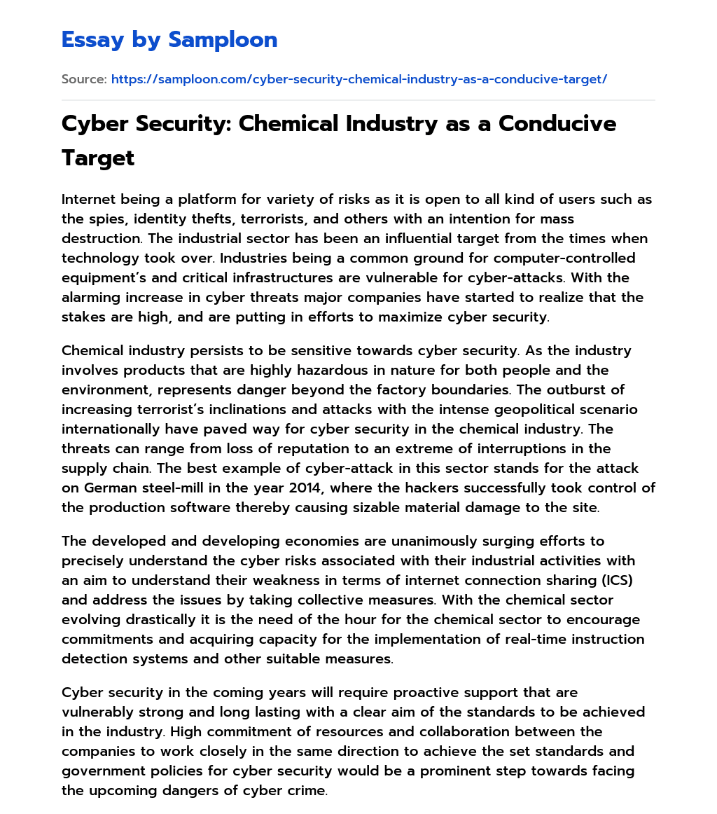 Cyber Security: Chemical Industry as a Conducive Target essay