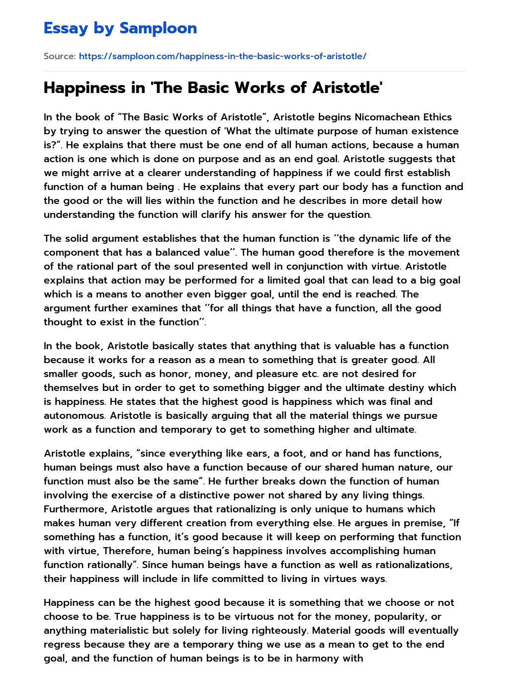 Happiness in ‘The Basic Works of Aristotle’ essay