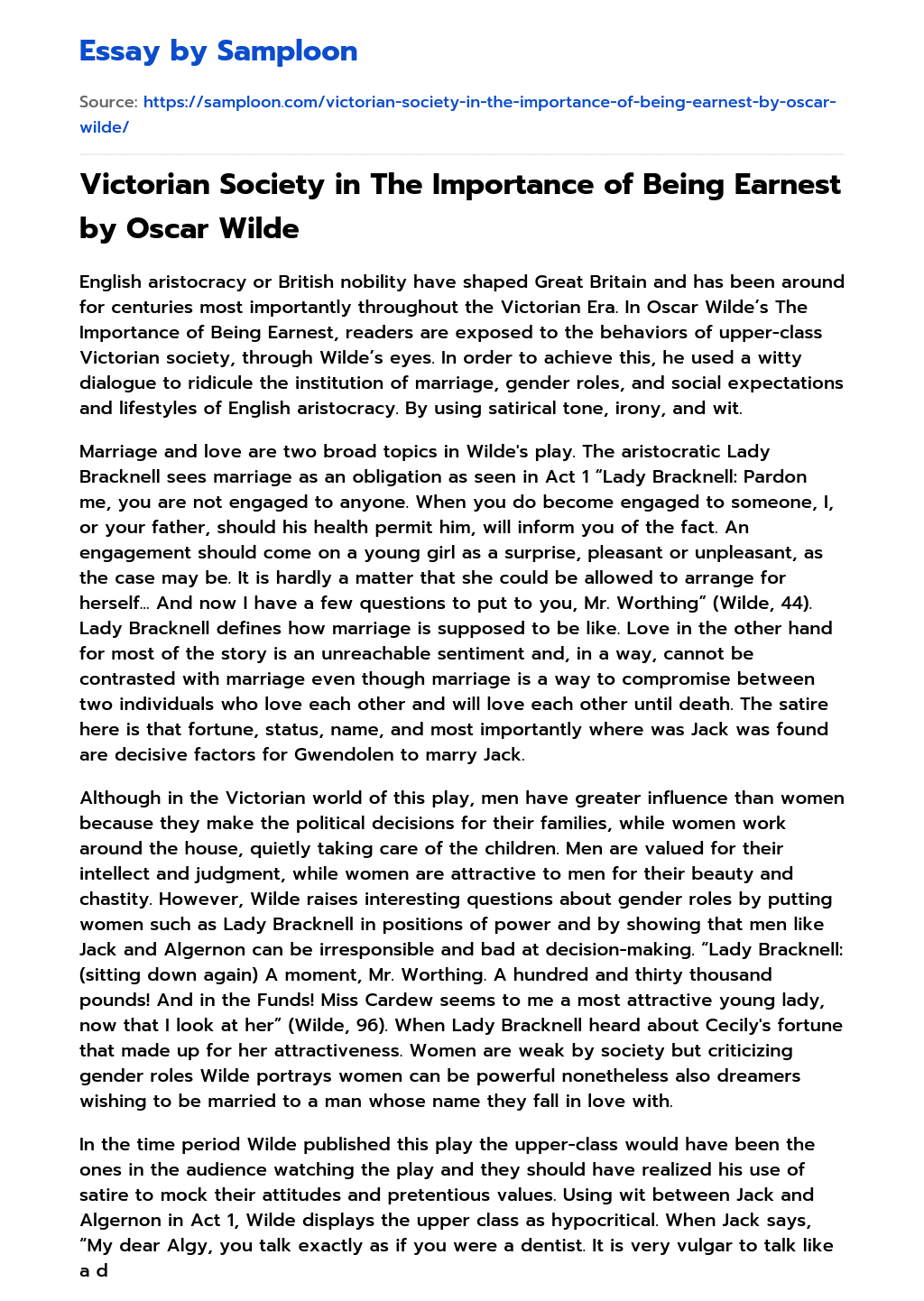 Victorian Society in The Importance of Being Earnest by Oscar Wilde essay