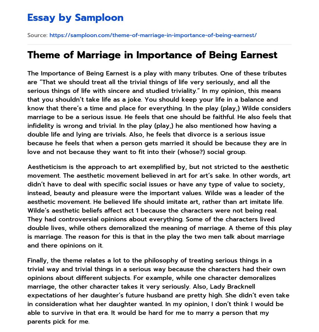 Theme of Marriage in Importance of Being Earnest essay