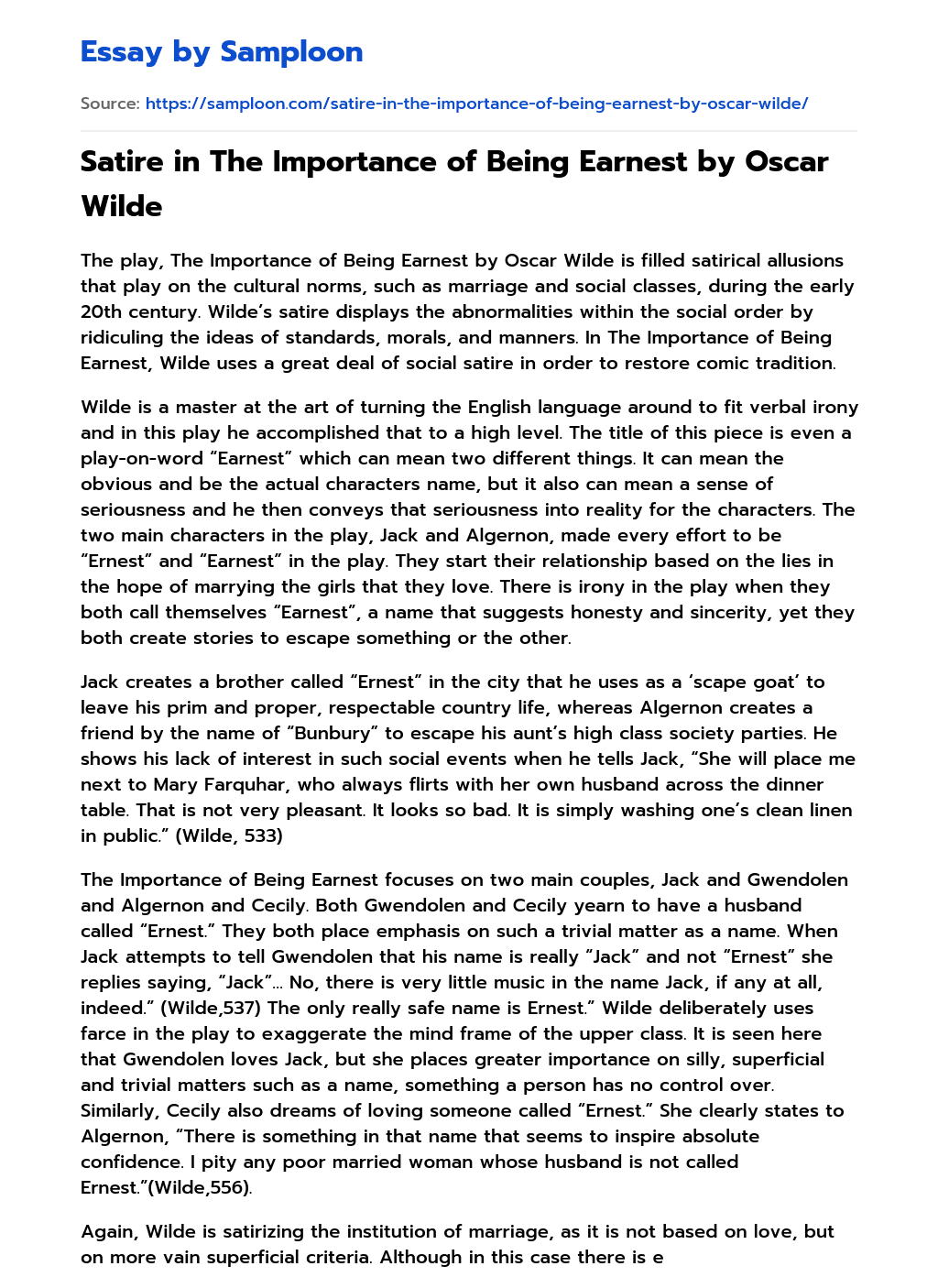 Satire in The Importance of Being Earnest by Oscar Wilde Character Analysis essay
