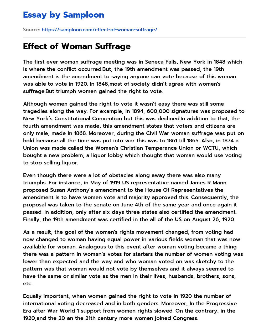Effect of Woman Suffrage essay