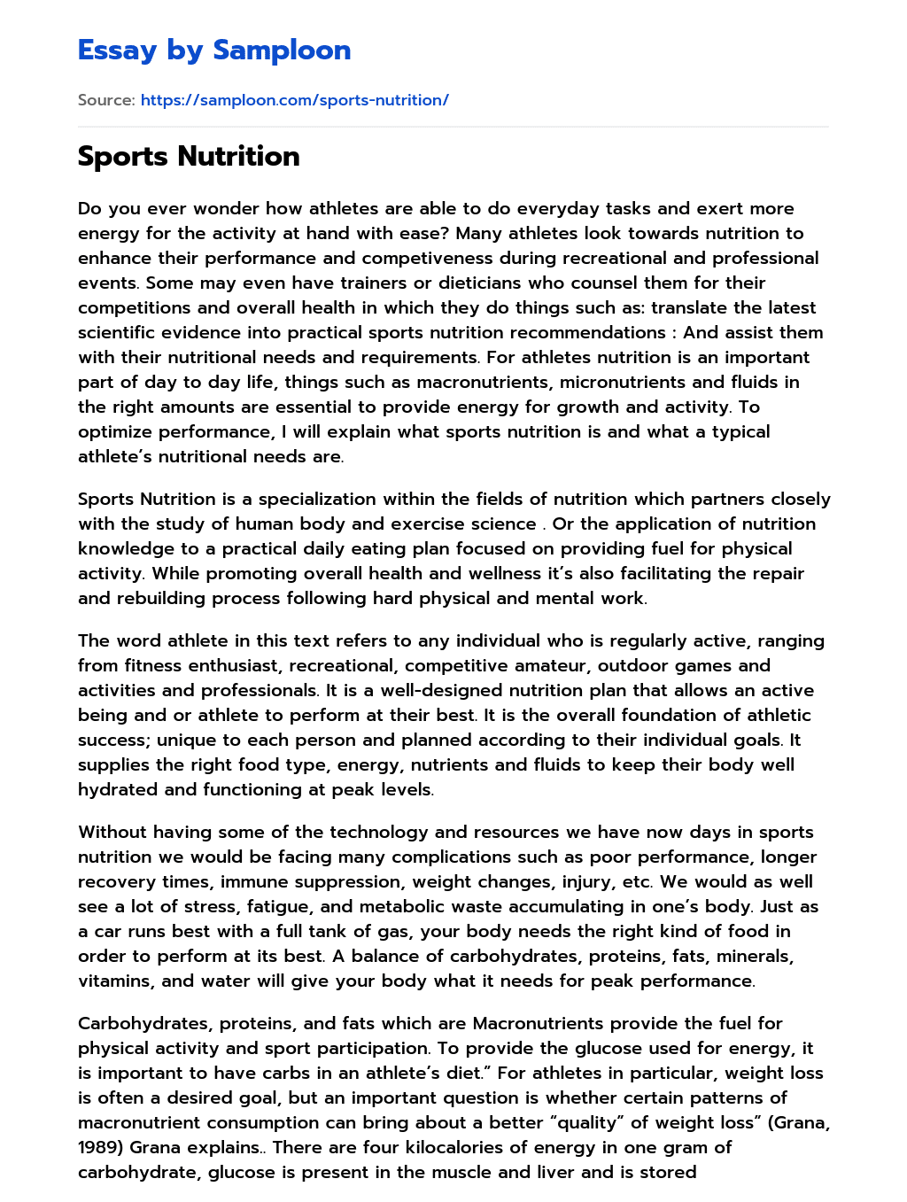 nutrition in sports essay