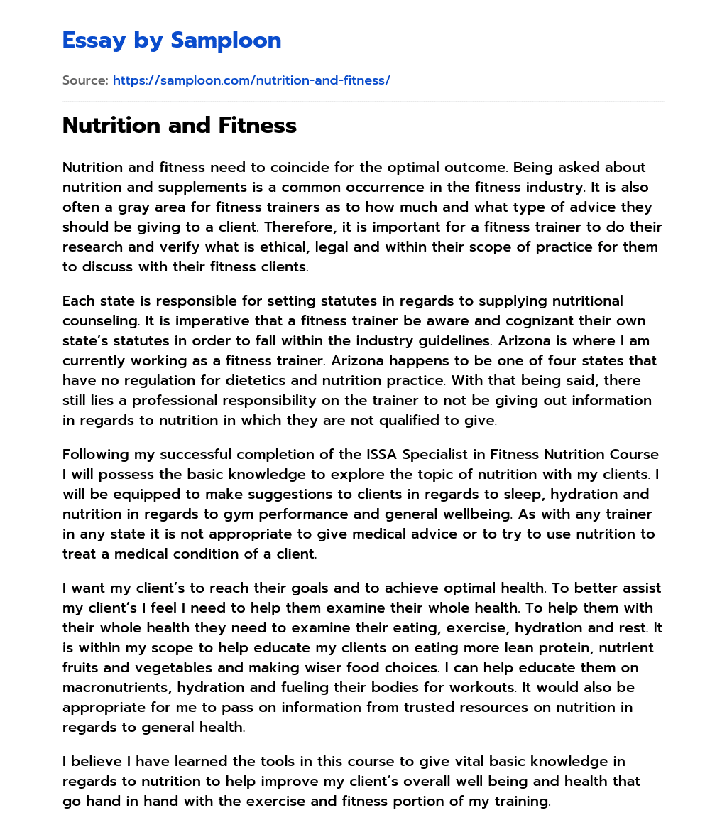 essay on fitness and nutrition