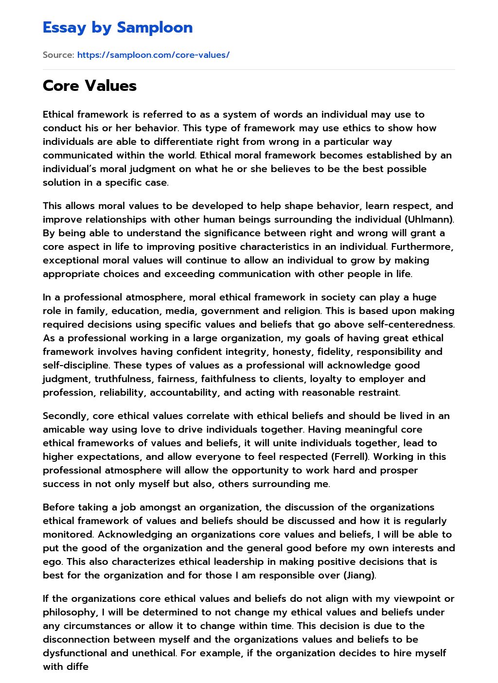  Core Values Free Essay Sample On Samploon