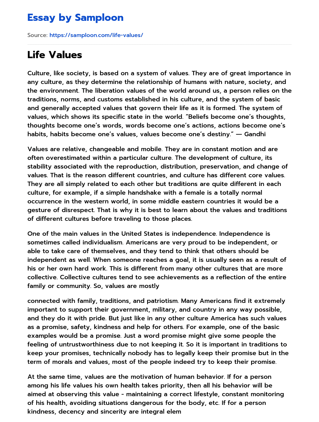 values of life essay free