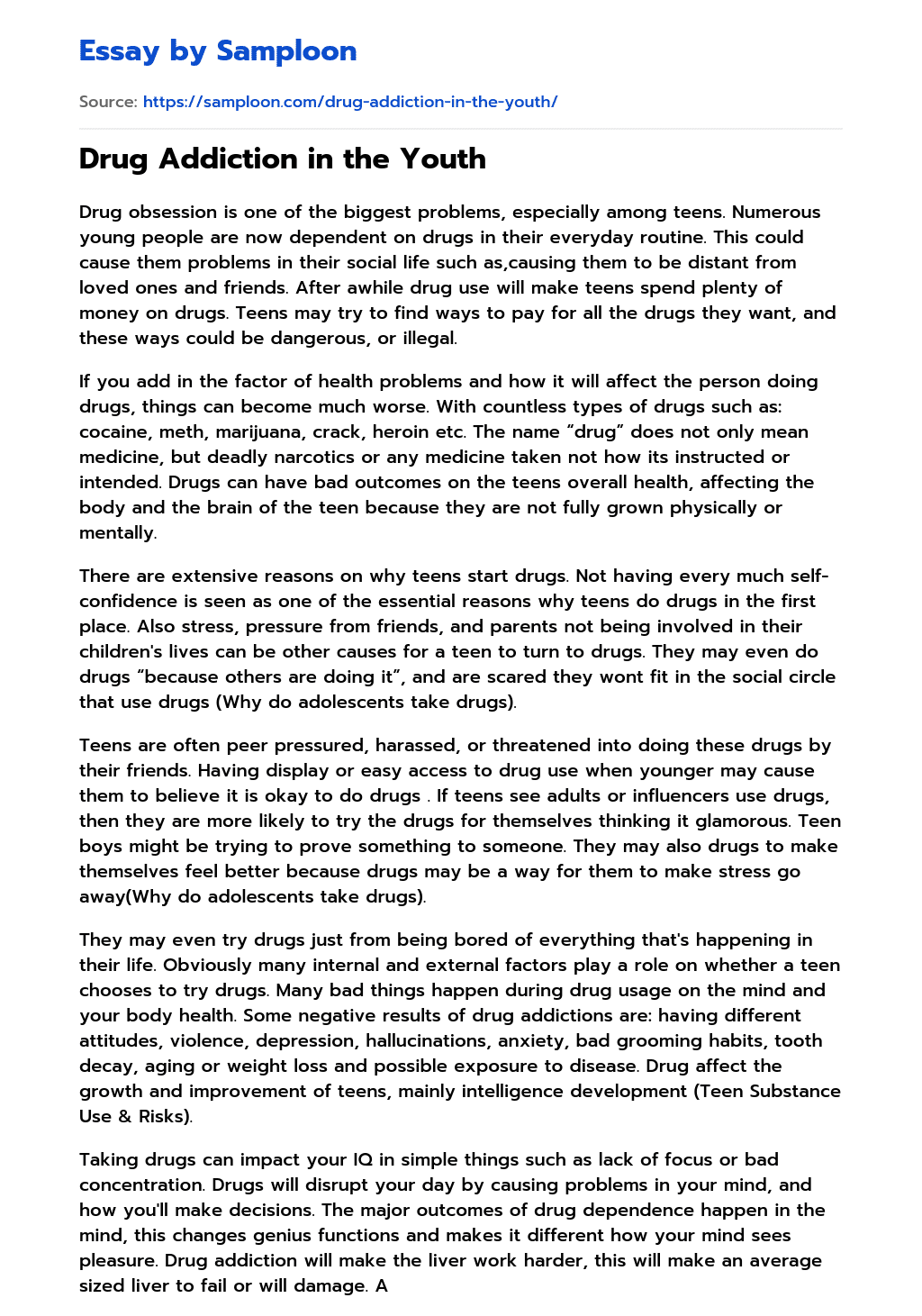  Drug Addiction In The Youth Free Essay Sample On Samploon