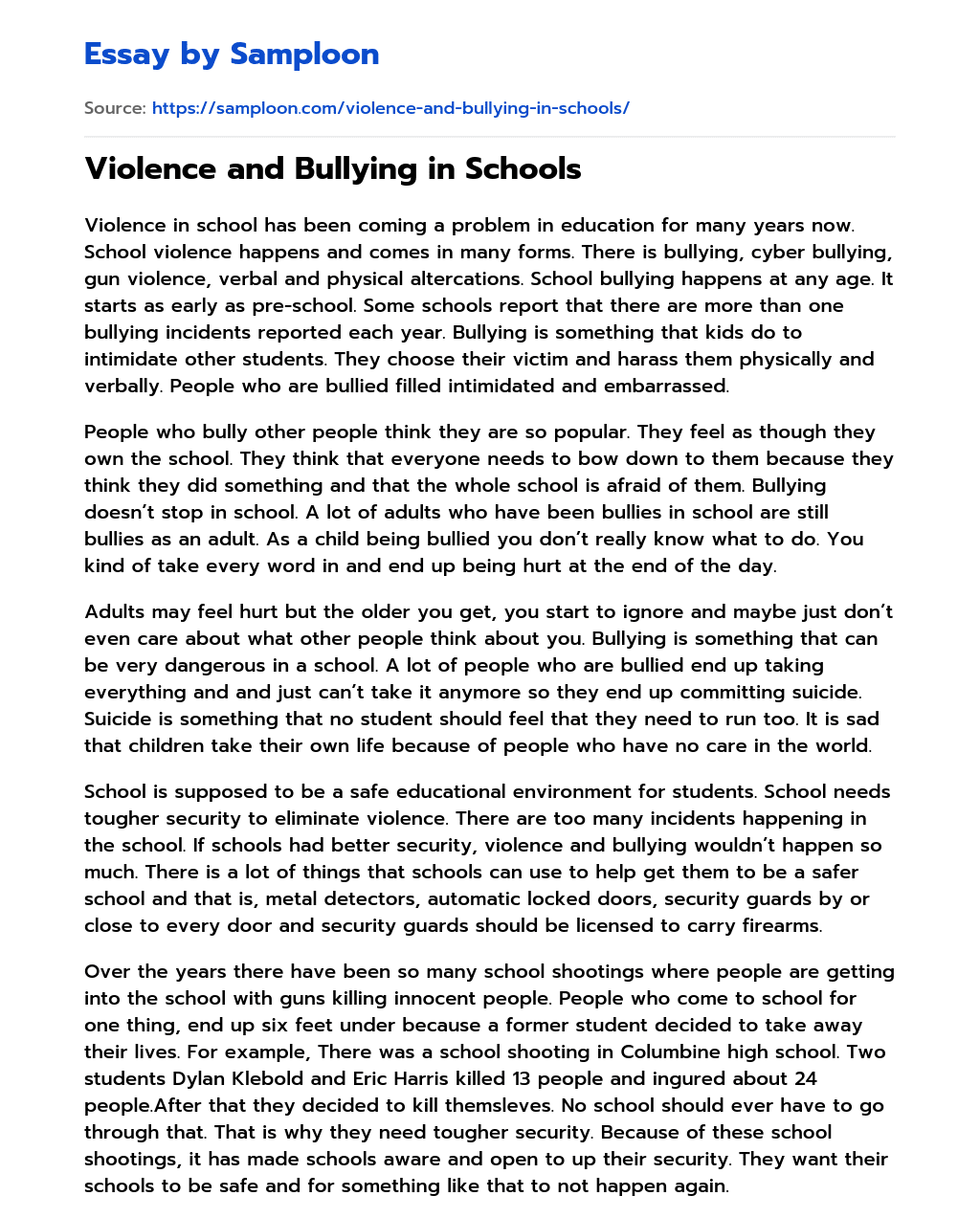 Violence and Bullying in Schools essay
