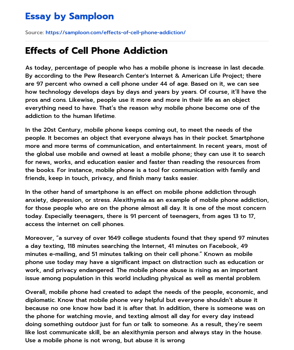 addiction of mobile phones essay