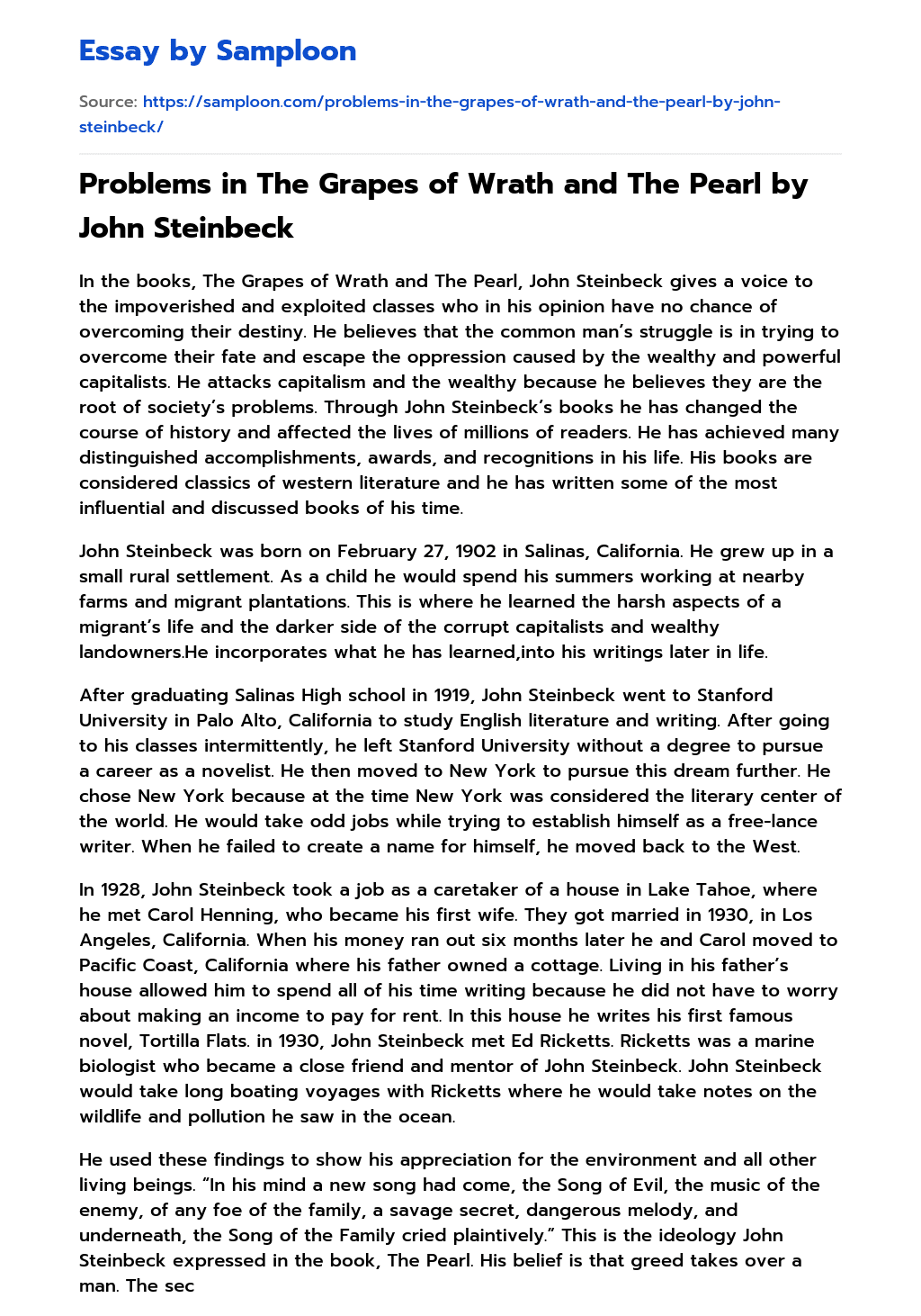 Problems in The Grapes of Wrath and The Pearl by John Steinbeck Summary essay