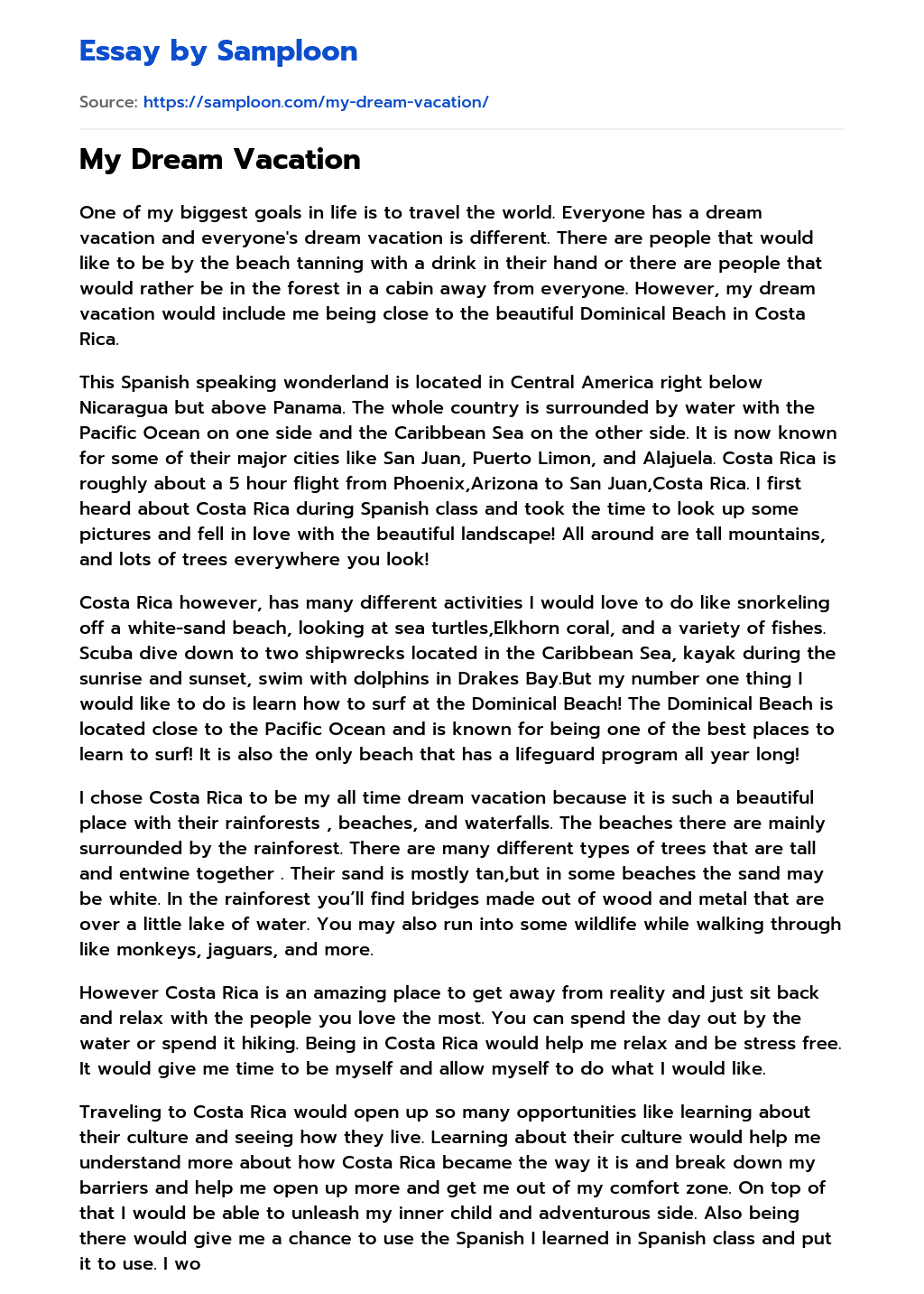 My Dream Vacation Autobiography Essay On Samploon