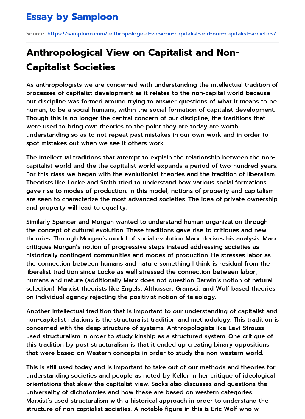 Anthropological View on Capitalist and Non-Capitalist Societies essay