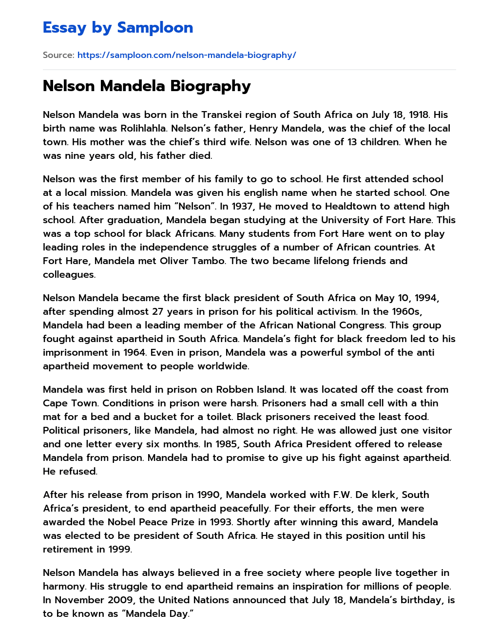  Nelson Mandela Biography Free Essay Sample On Samploon
